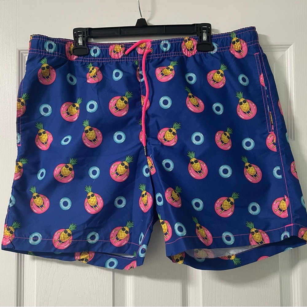 Men’s XL Party Shark swimming trunks blue with pineapples!